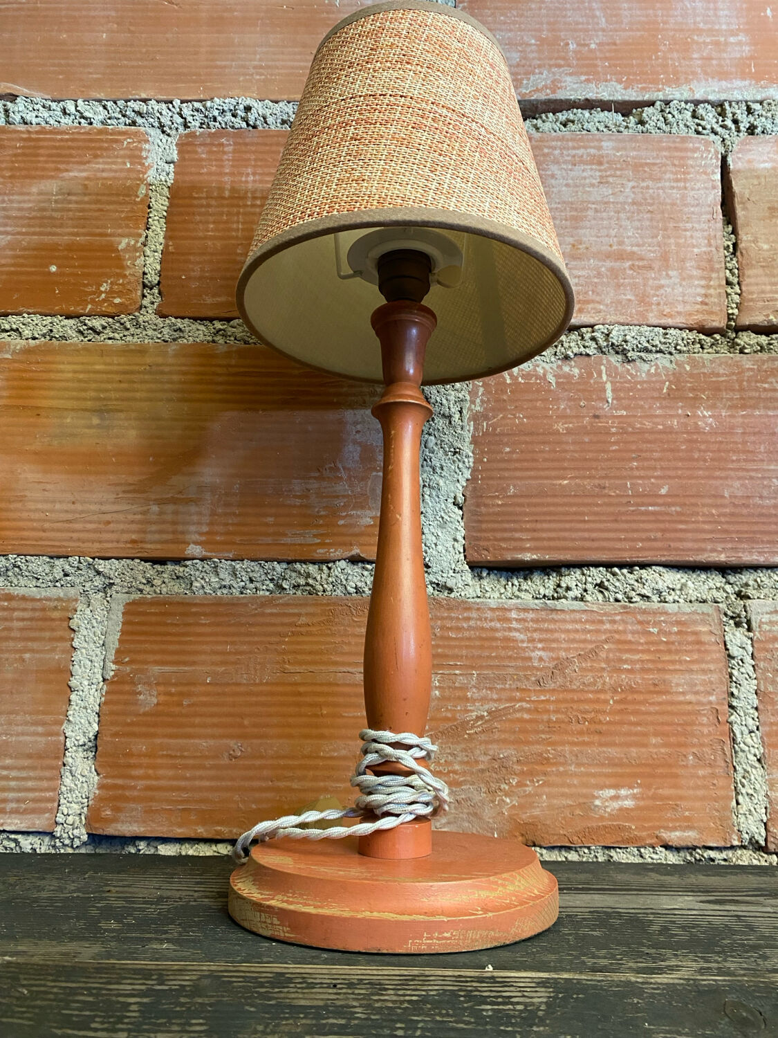 Pair of antique turned wood bedside lamps with push button switch