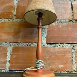 Pair of antique turned wood bedside lamps with push button switch