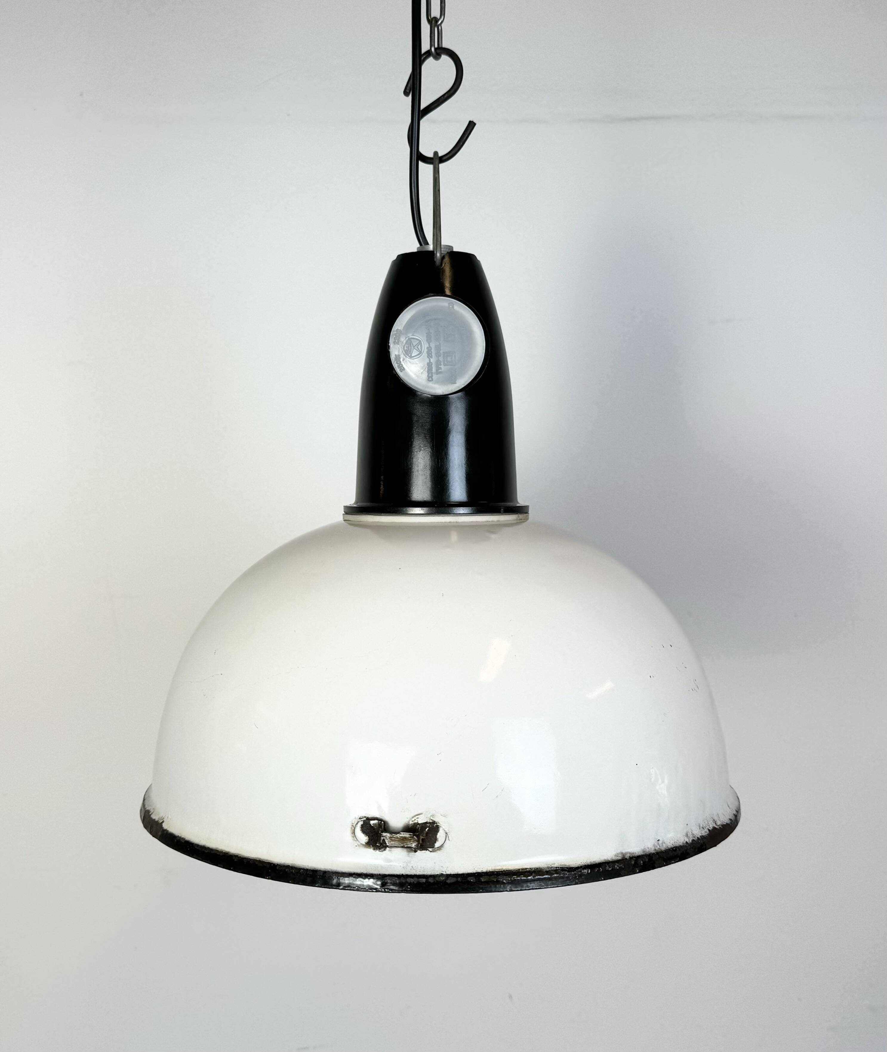 Industrial soviet white enamel pendant lamp, 1960s
