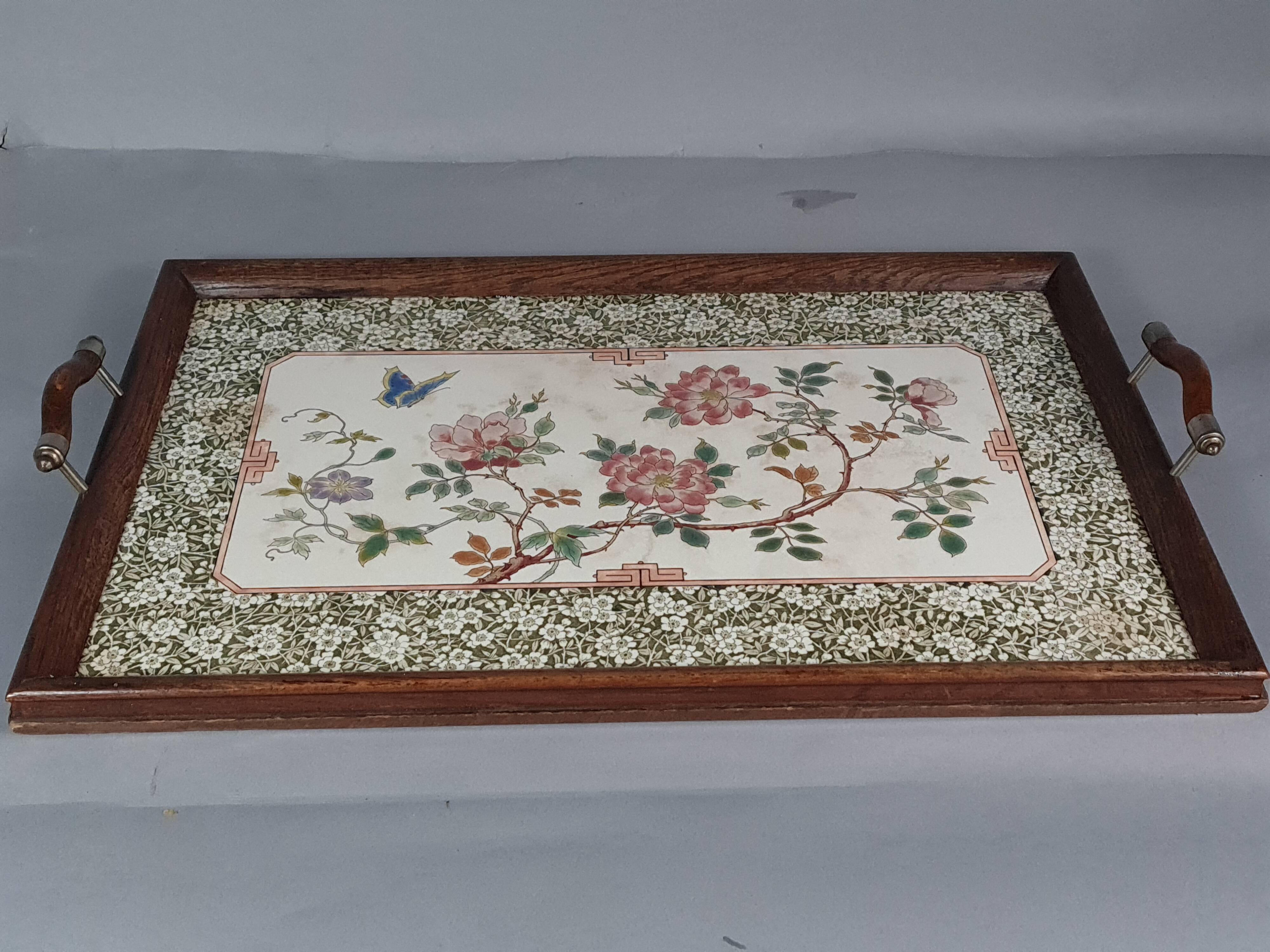Ancien plateau de service faïence émaillée floral  & bois 1900 57x35 cm C99