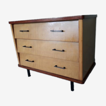 Chest of drawers in blond wood 3 drawers 60s