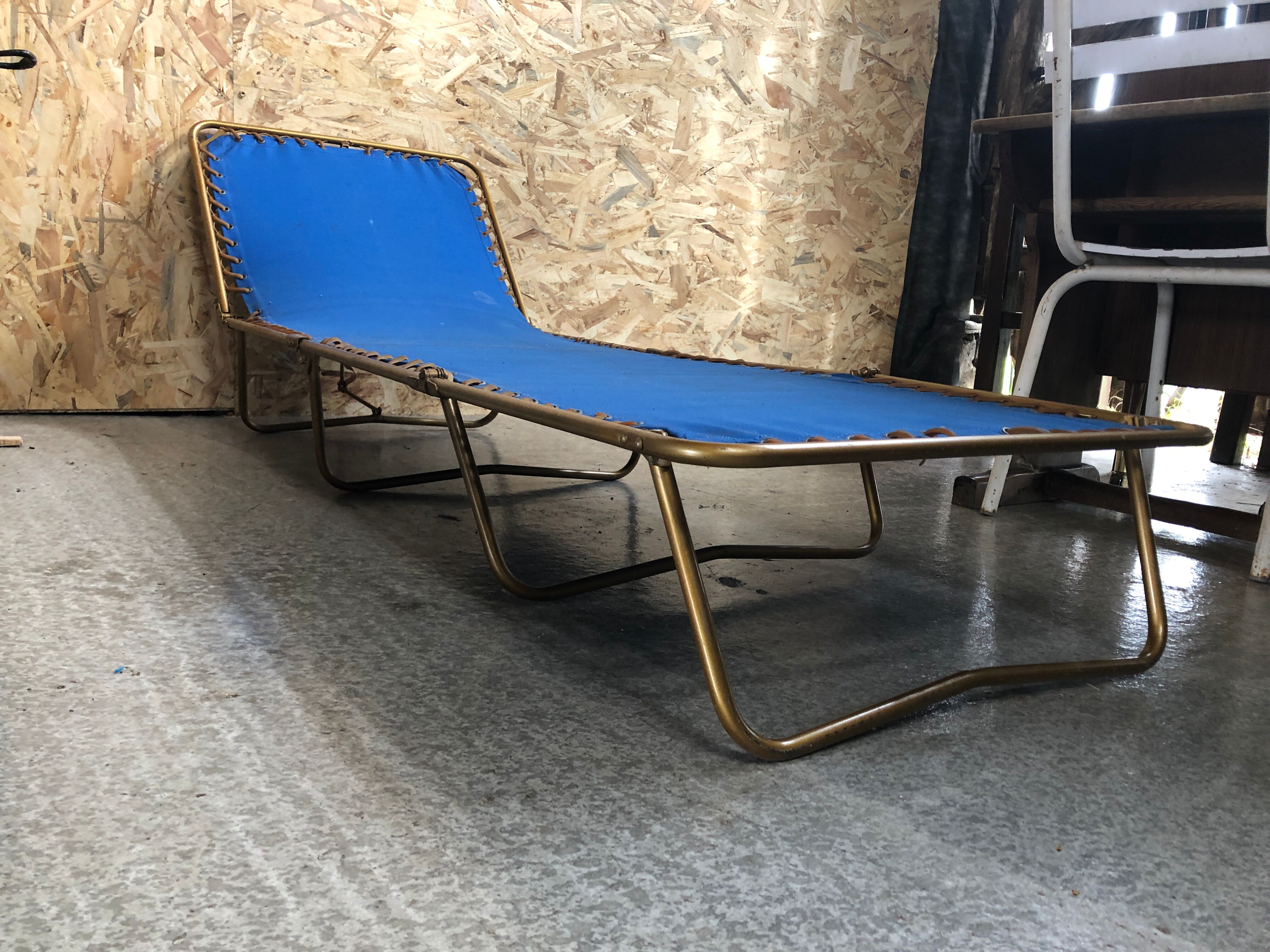 Old folding bed chantazur lafuma metal + fabric blue head adjustable vintage