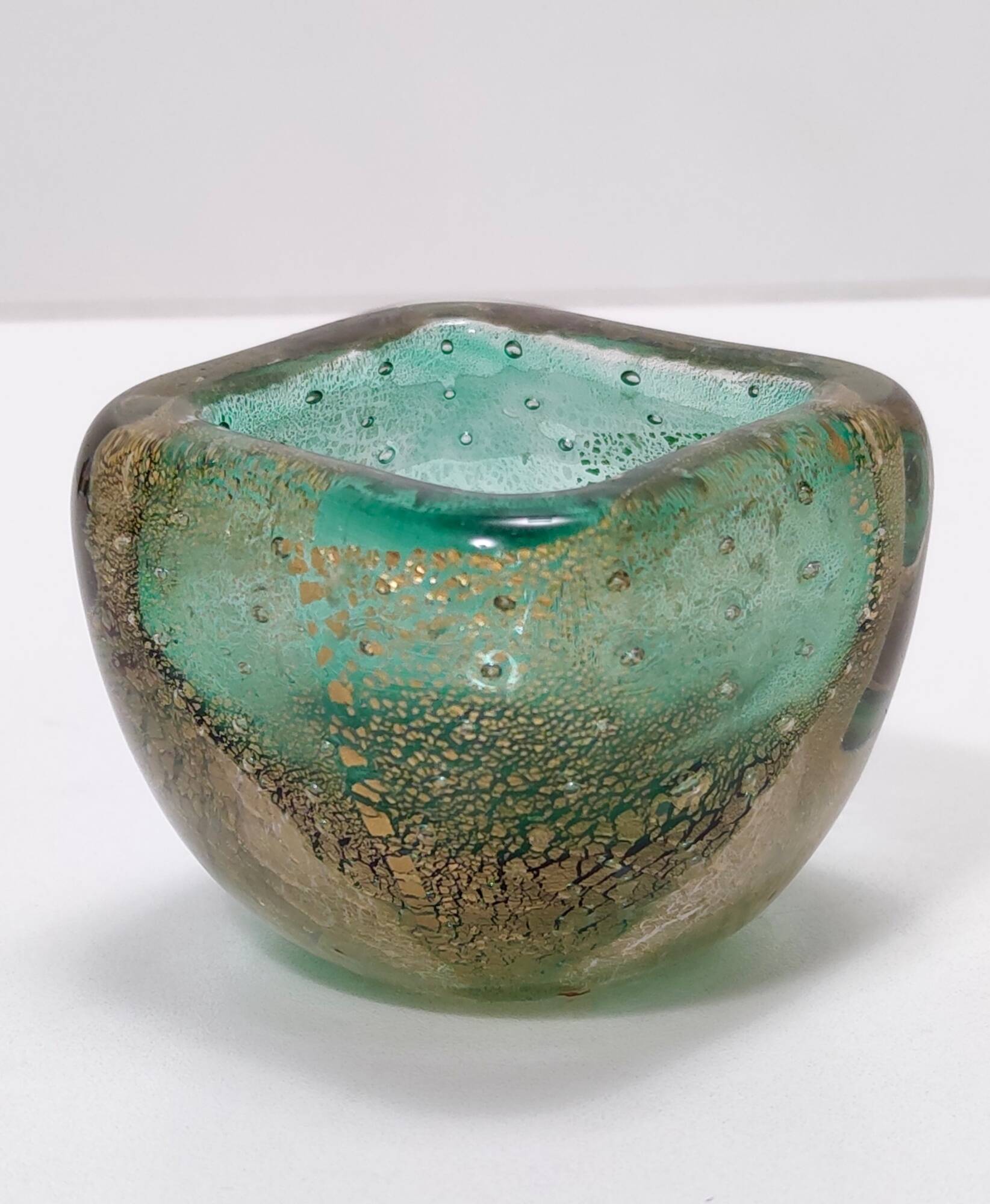 Green Gold Flecked Sommerso Glass Bonbonnière / Trinket Bowl by Venini, Ita
