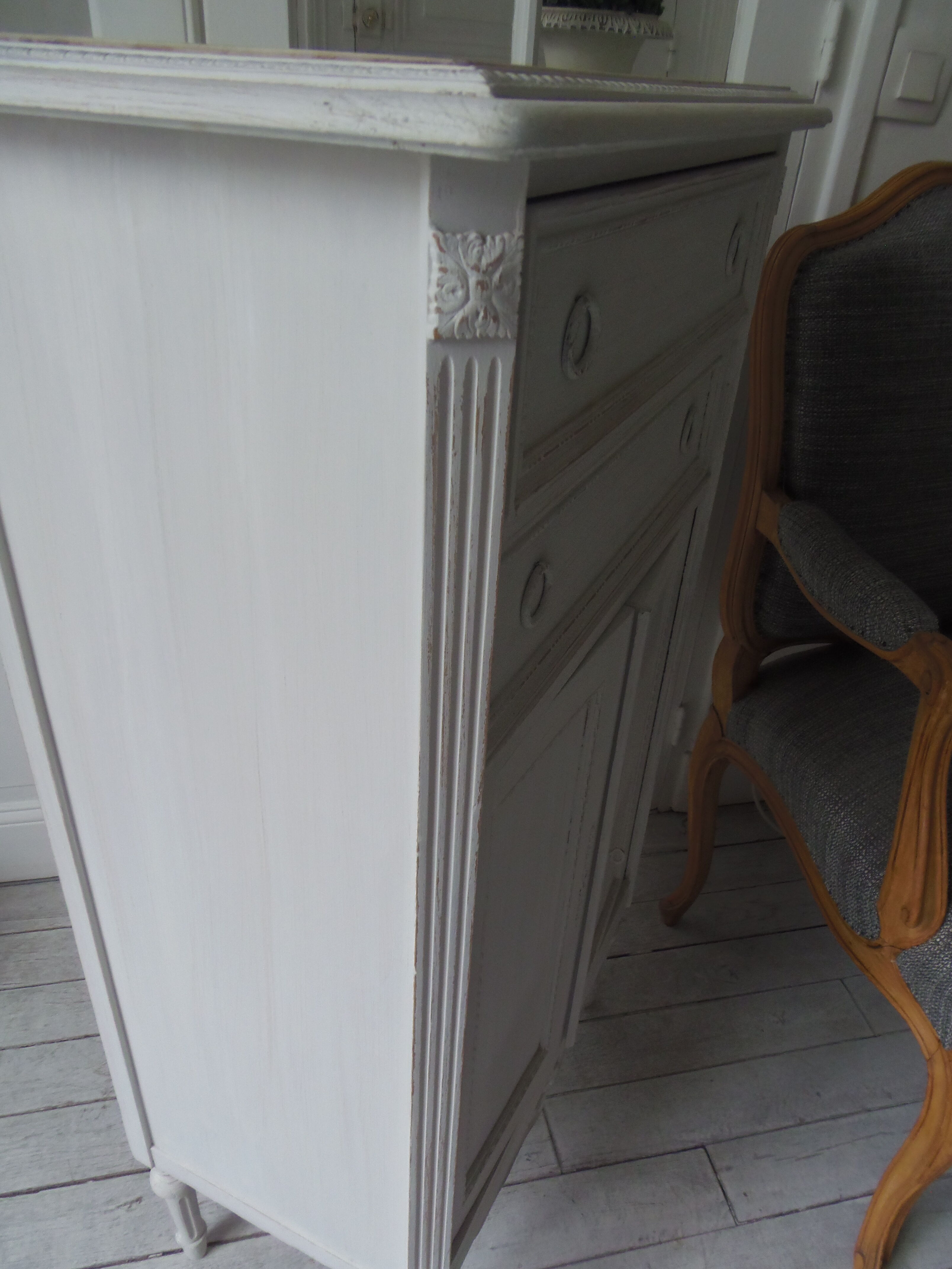Louis XVI style furniture patinated pearl grey, marble tray