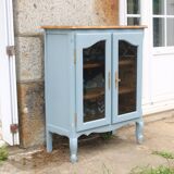 Buffet vitré ancien en bois massif bleu, rénové