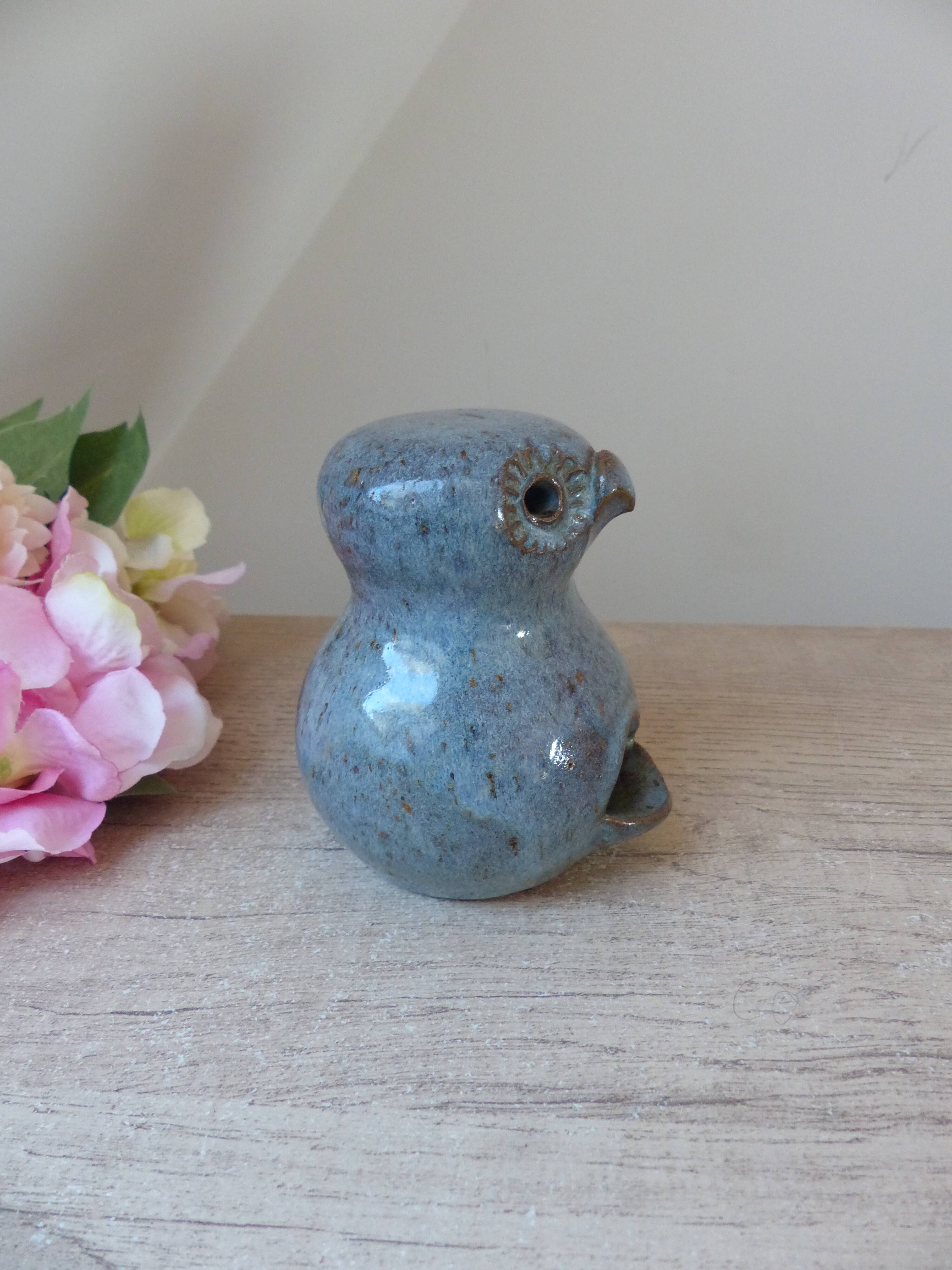 Owl figurine in blue sandstone ceramic, zoomorphic owl in vintage pottery