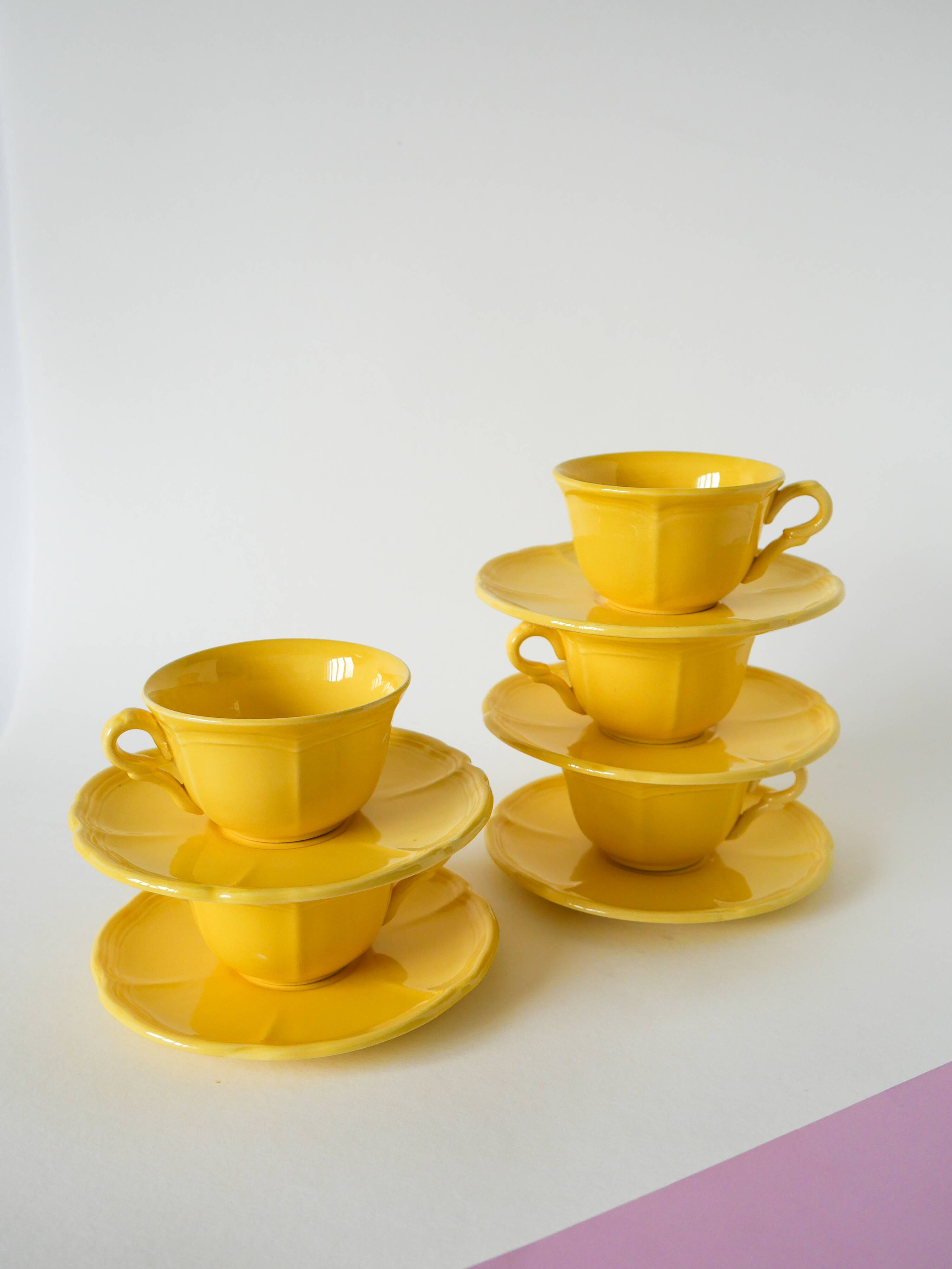 Set of 5 Badonviller lemon yellow cups and saucers, 1960