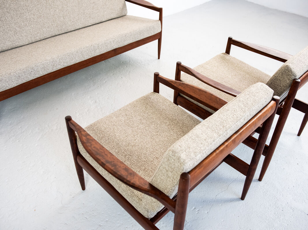 Sofa and armchairs set in walnut and fabric, 1960s