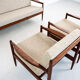 Sofa and armchairs set in walnut and fabric, 1960s