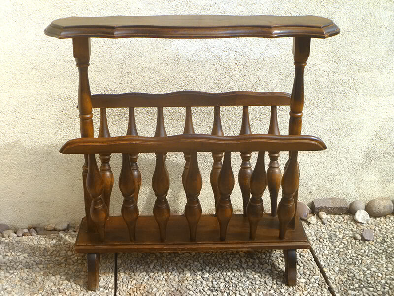 Vintage wooden magazine rack with tablet