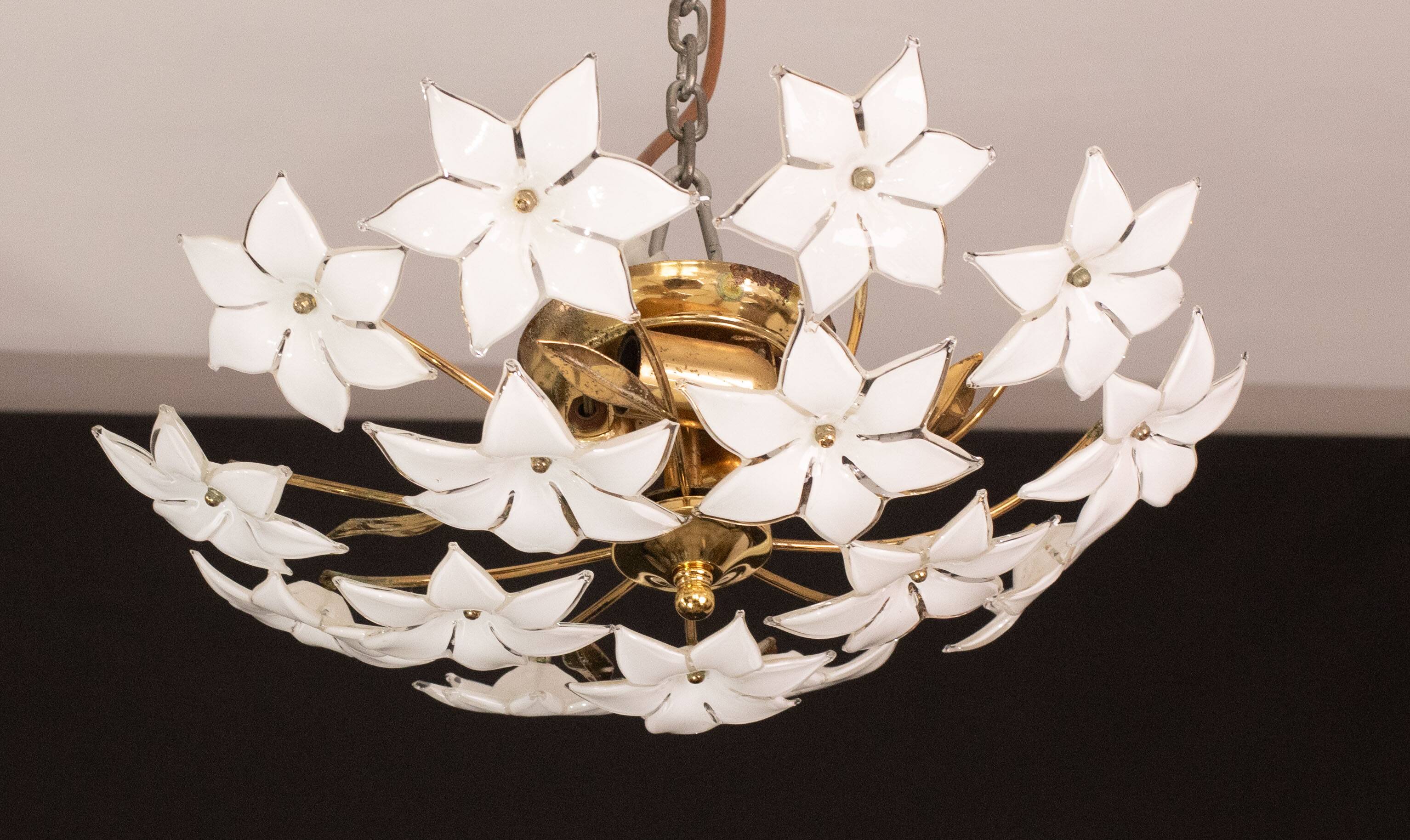 Charming Vintage Murano Ceiling Light White Flowers, 1960s
