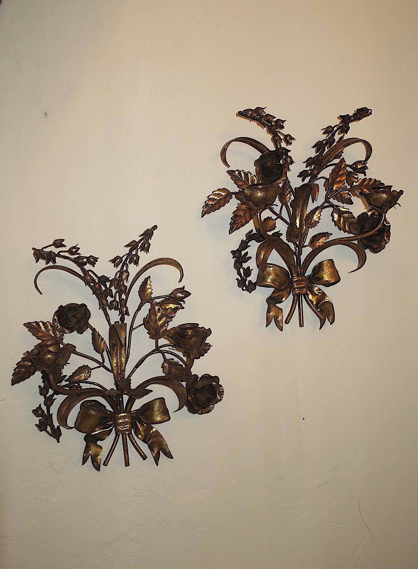 Pair of gold plated wall double candleholders with roses by Hans Kögl, 1960