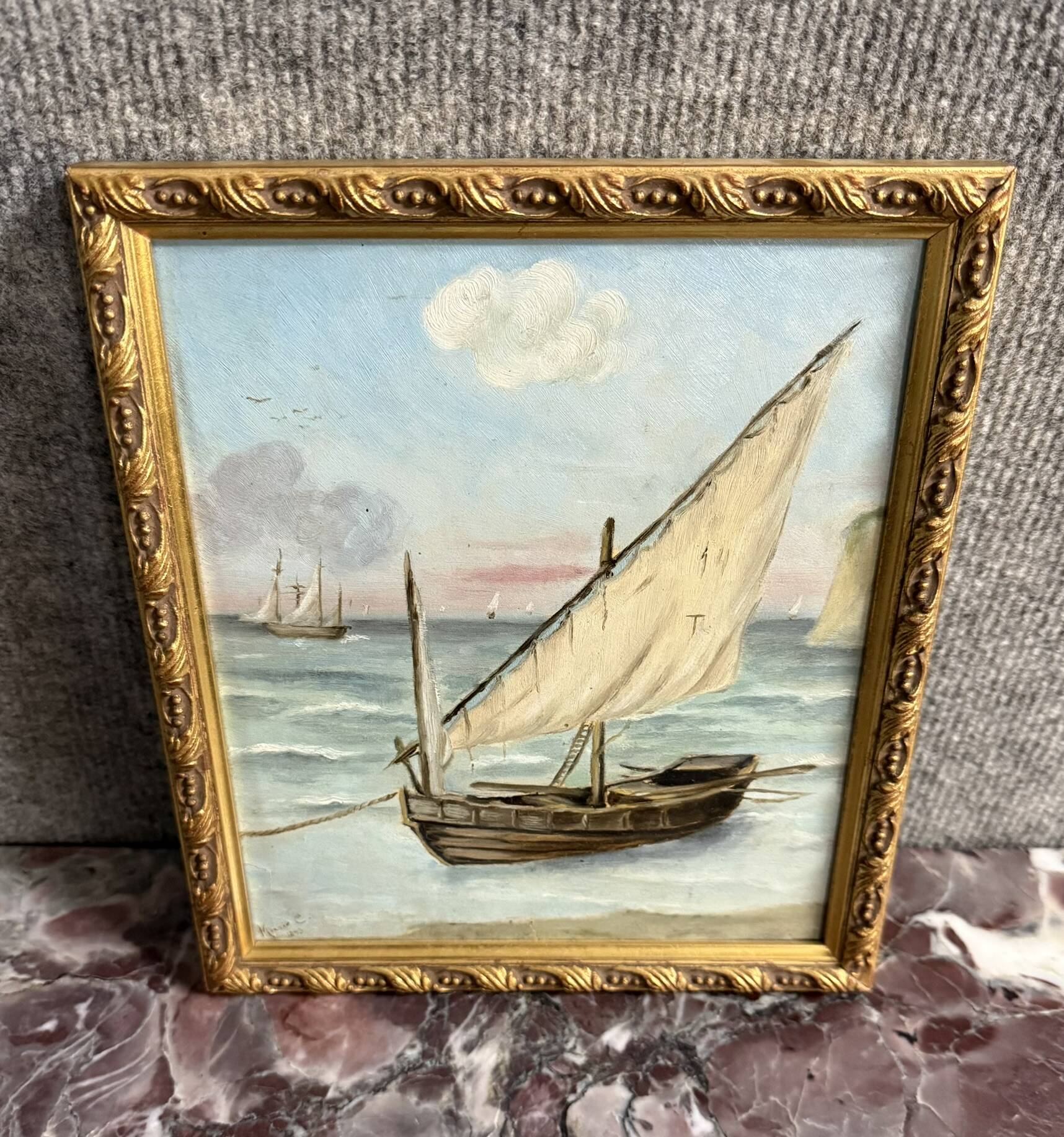 Marie C: oil painting on canvas, seascape with sailboat, Napoleon III period