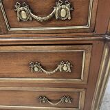 Louis XVI style mahogany commode with a grey veined marble top, 19th century