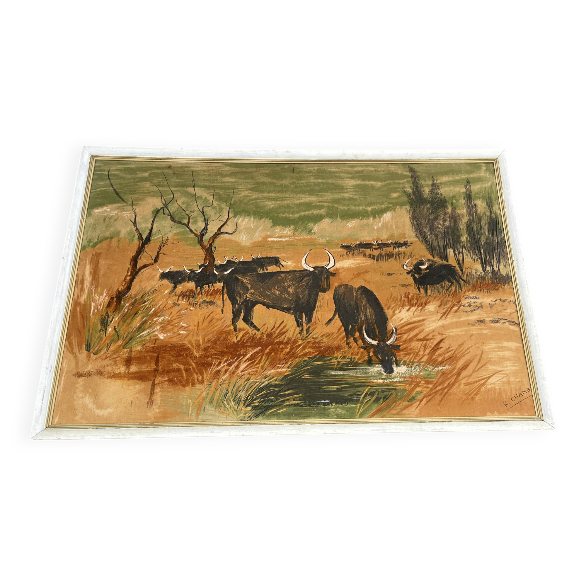 Large old painting signed K. Chamby - Scene of bulls / manade in Camargue