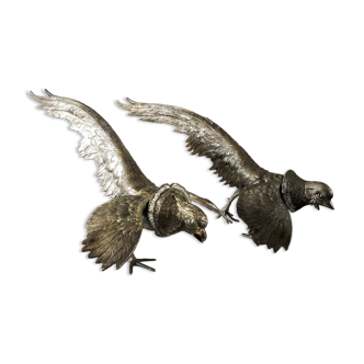 Couple de faisan en métal argenté des années 70 grande dimension 45 cm de longueur