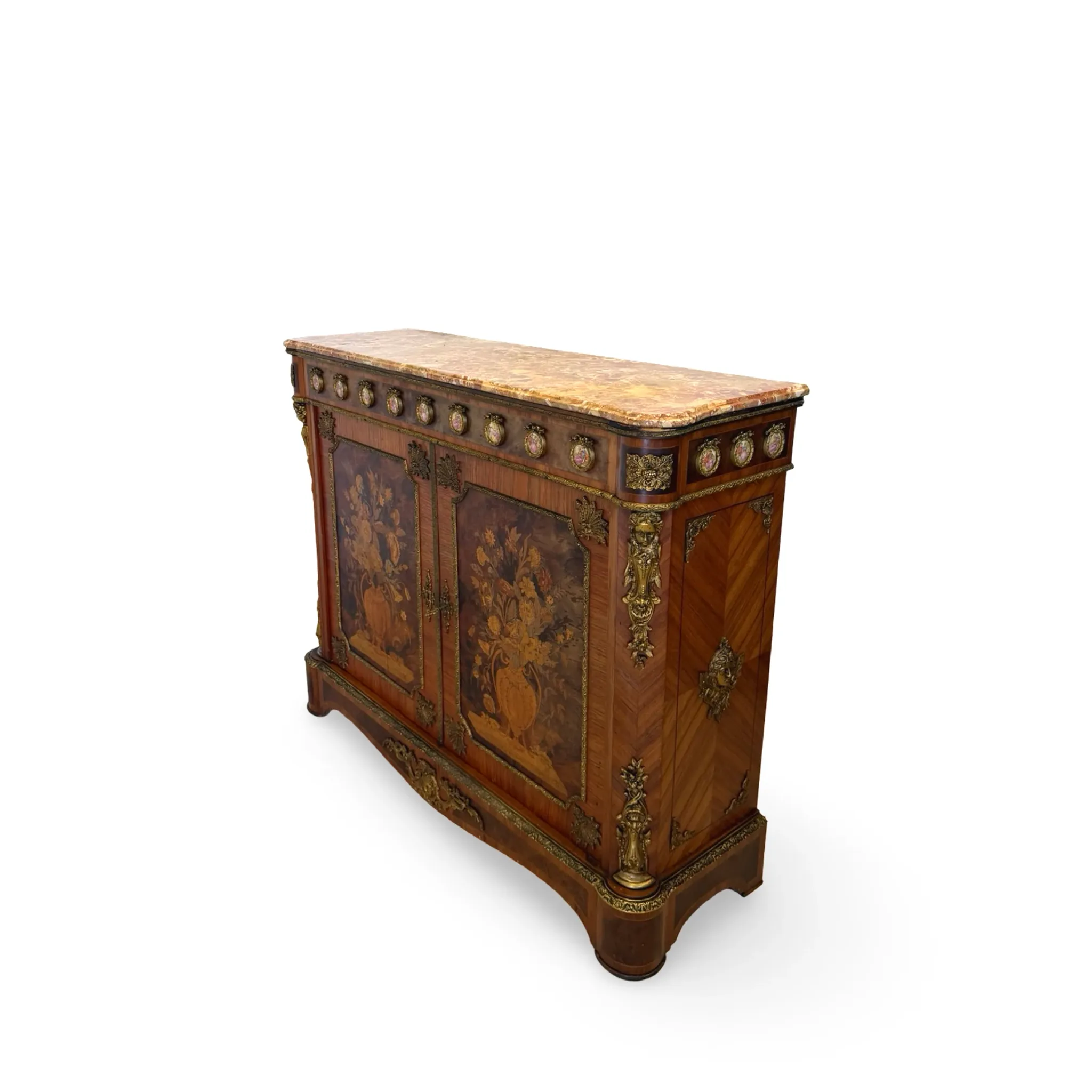An antique French Louis XVI-style marble-top side cabinet