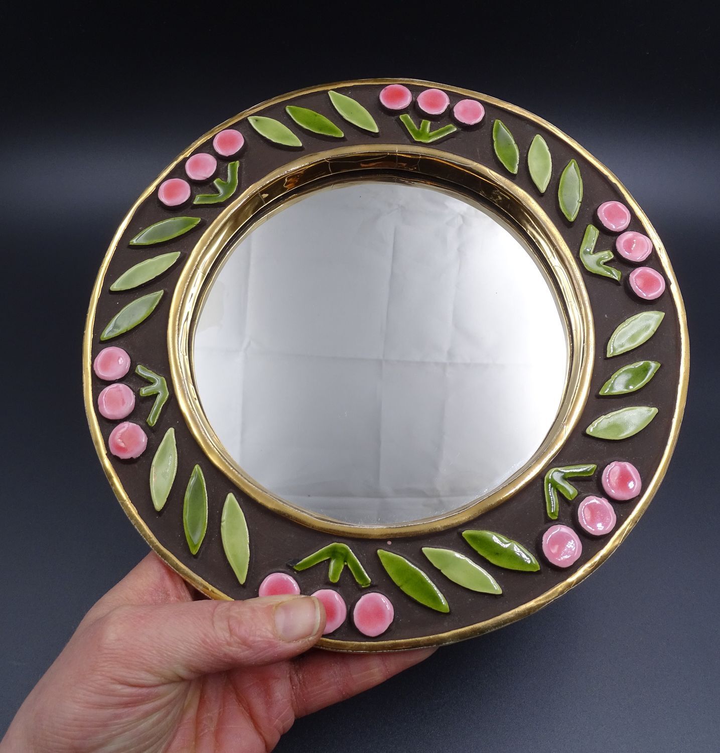 Small round mirror in earthenware- Cherry enamelled decoration - circa 1970
