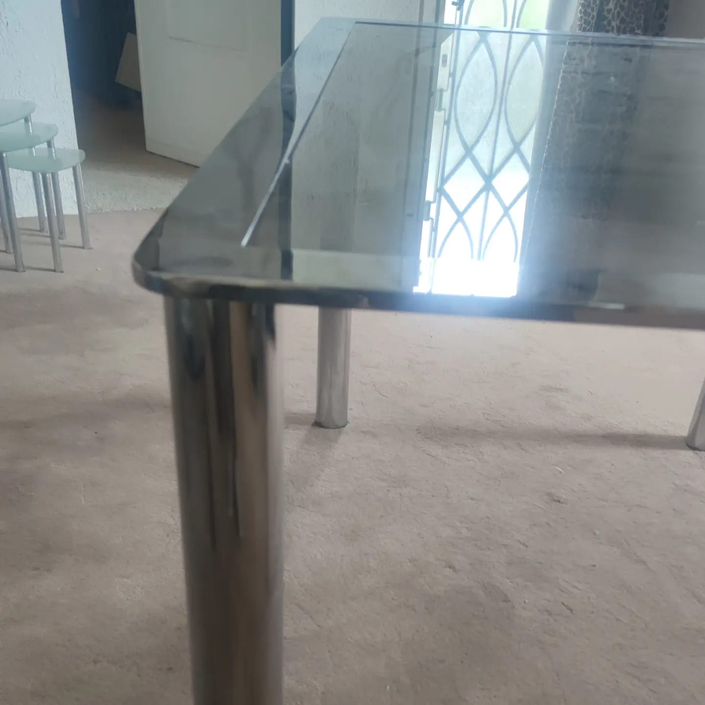 Dining table in chromed steel and smoked glass top, 1969
