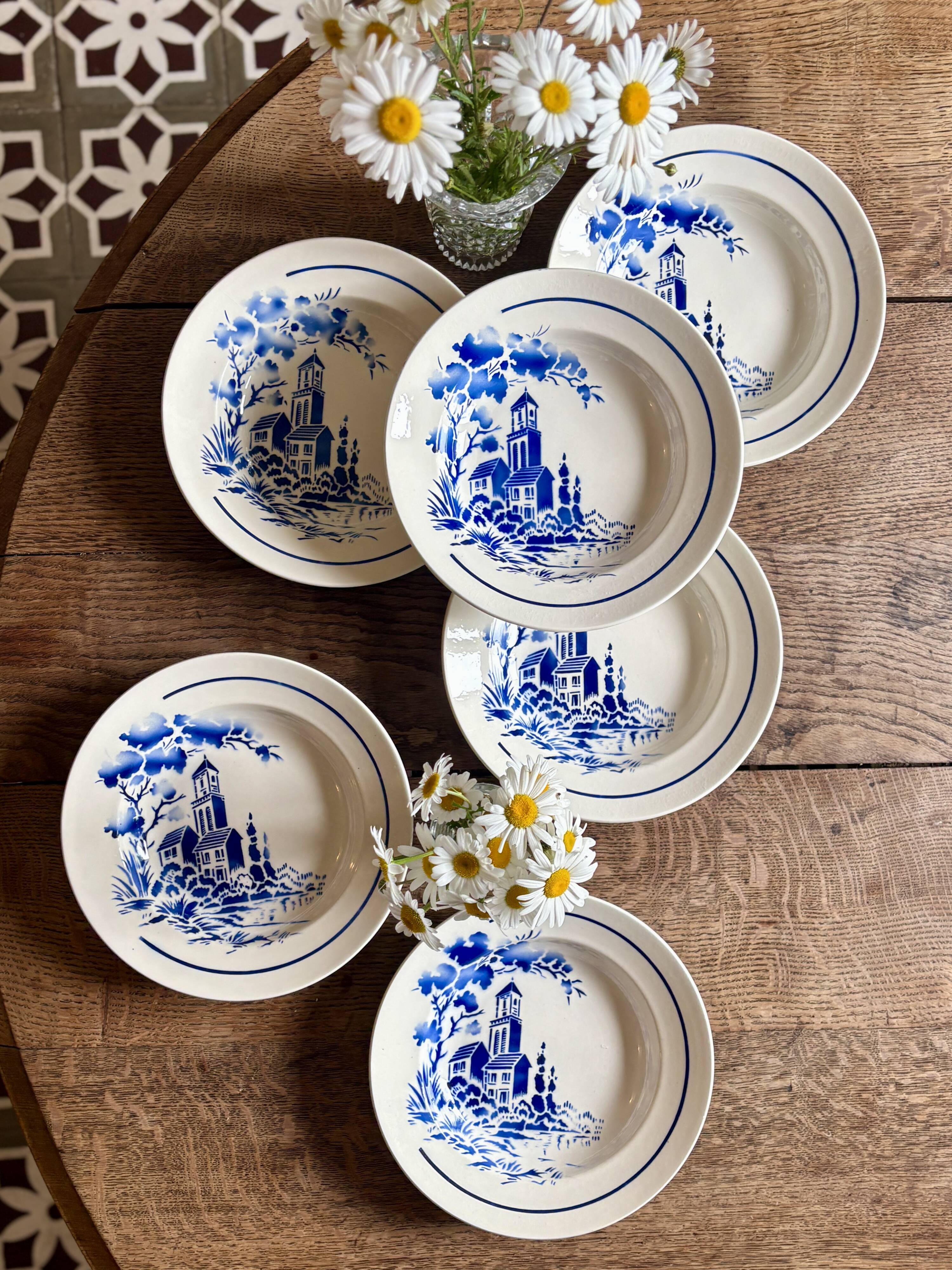 Set of 6 vintage deep plates with village decorations - Badonvillier