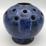 Pique-fleurs vase in enamelled stoneware with bluish running effect signed