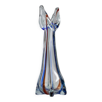 Vintage Murano glass vase - clear glass with blue and red details - timeless design from Italy in the 1970s - gift idea, table decoration.