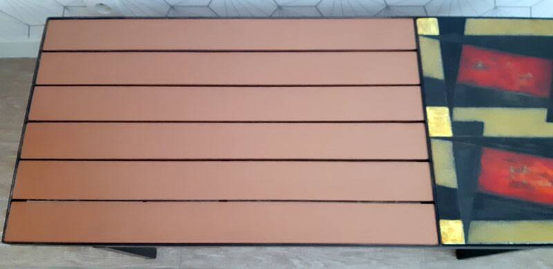 Vintage coffee table in ceramic, wood, and metal.