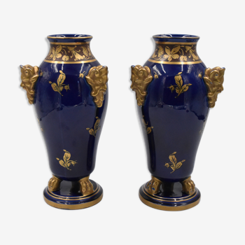 Jaget Towers And Pinon Pair Of Vases In Blue Faience And Golden Decor Early XX Eme