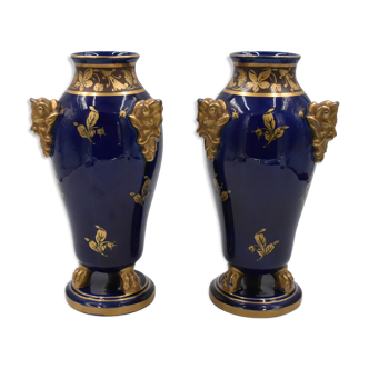 Jaget Towers And Pinon Pair Of Vases In Blue Faience And Golden Decor Early XX Eme