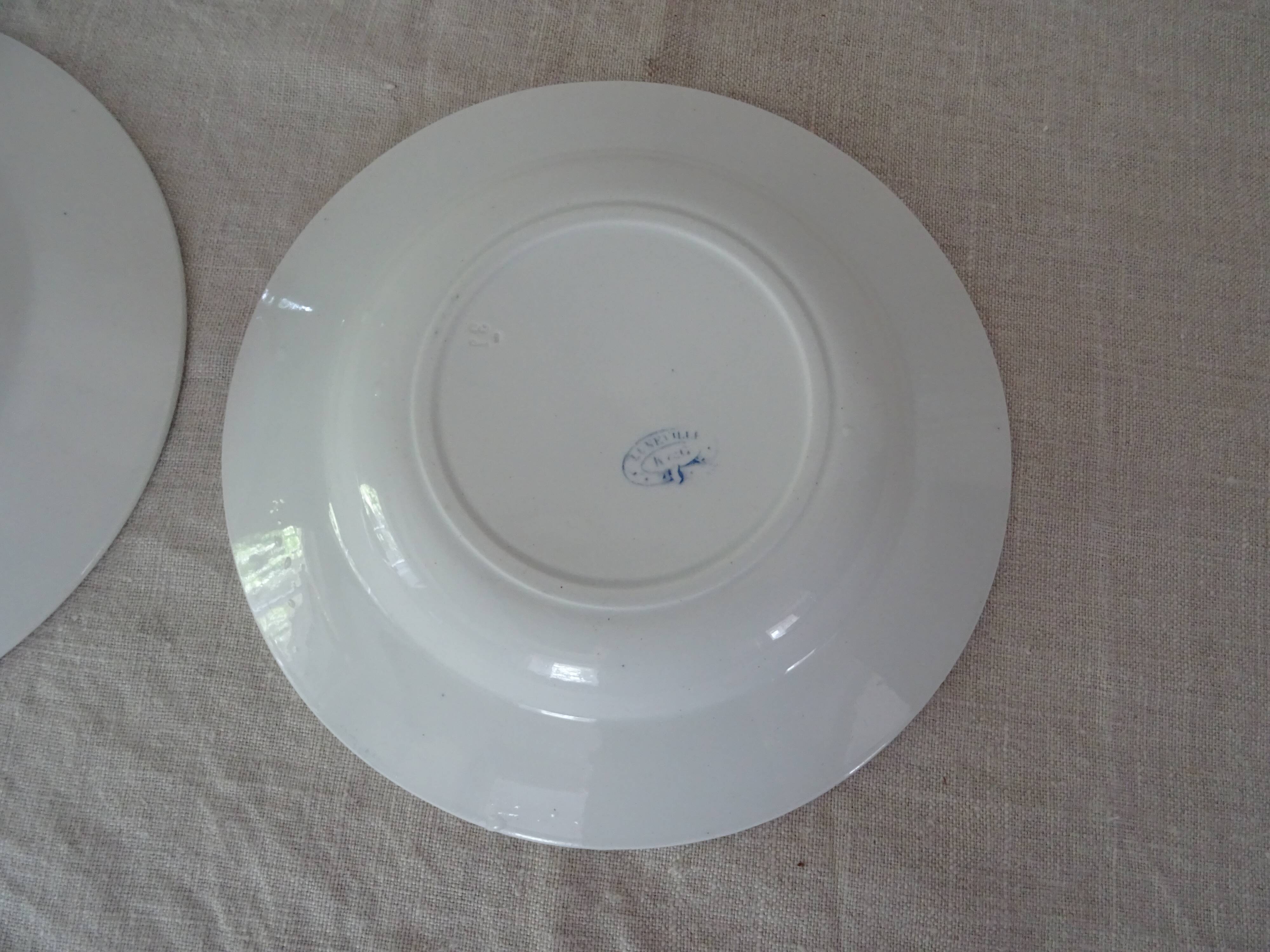 2 Hollow plates Luneville Keller and Guerin decoration blue flowers faience old