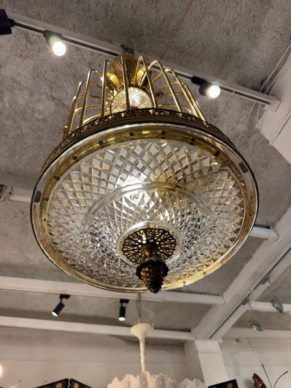 Lustre cage en cristal et bronze vers 1900