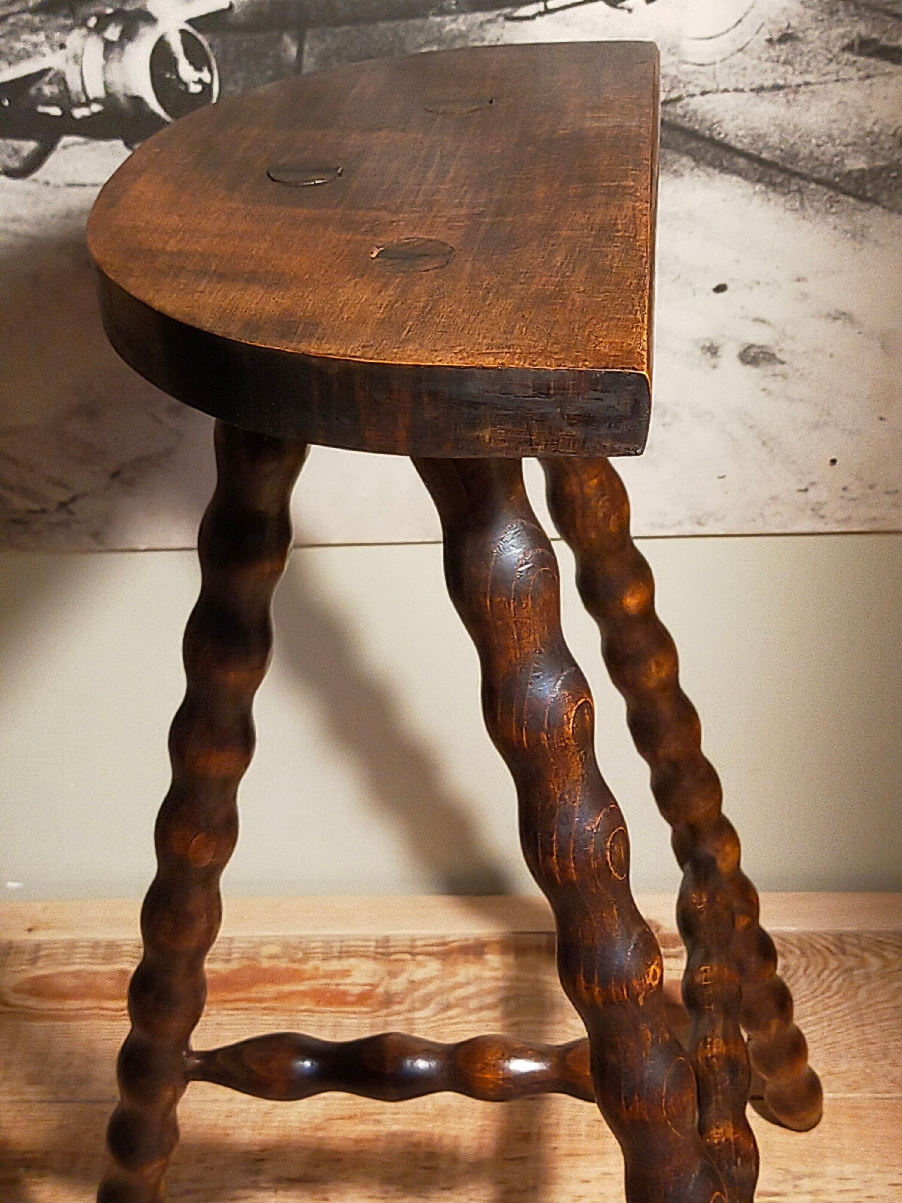 Stool high tripod solid wood turned vintage