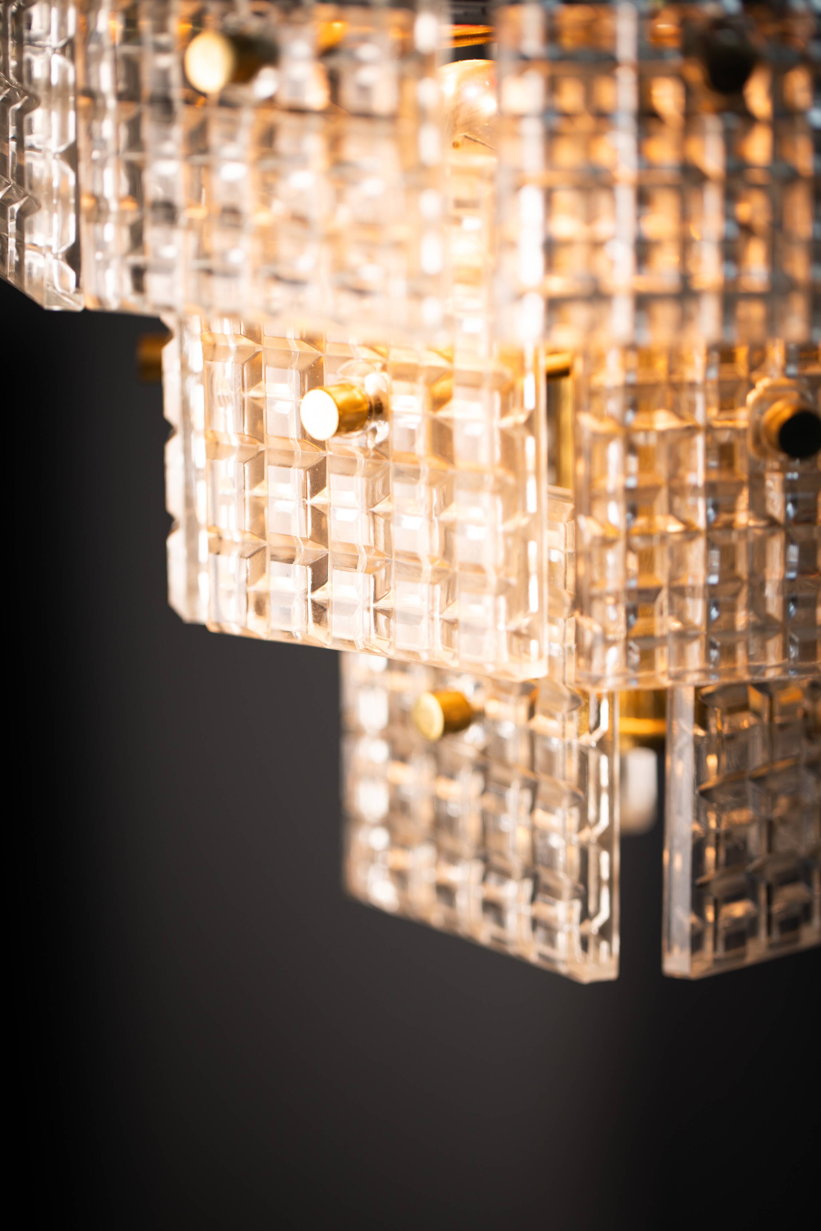 Vintage Embossed Glass Chandelier: 1970s Brass Pendant Lamp