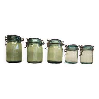5 old green jars
