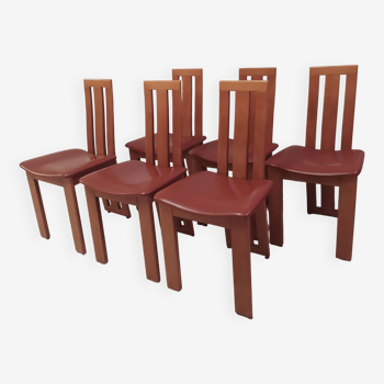 Suite de 6 chaises en bois et cuir, années 1980