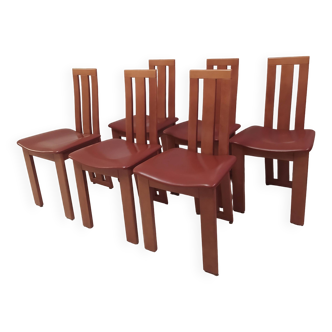 Suite de 6 chaises en bois et cuir, années 1980