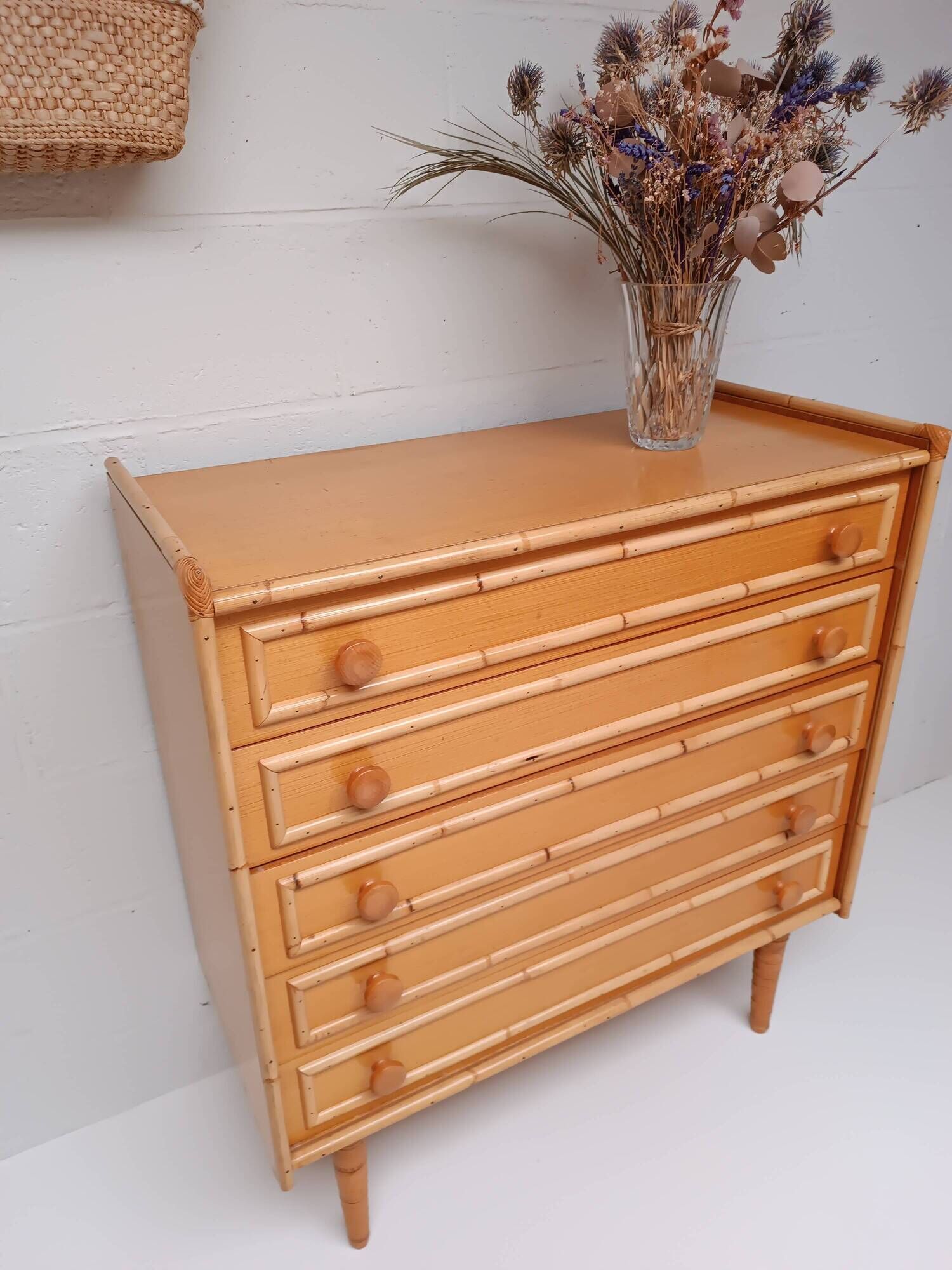 Bamboo and rattan wood chest of drawers from the 60s