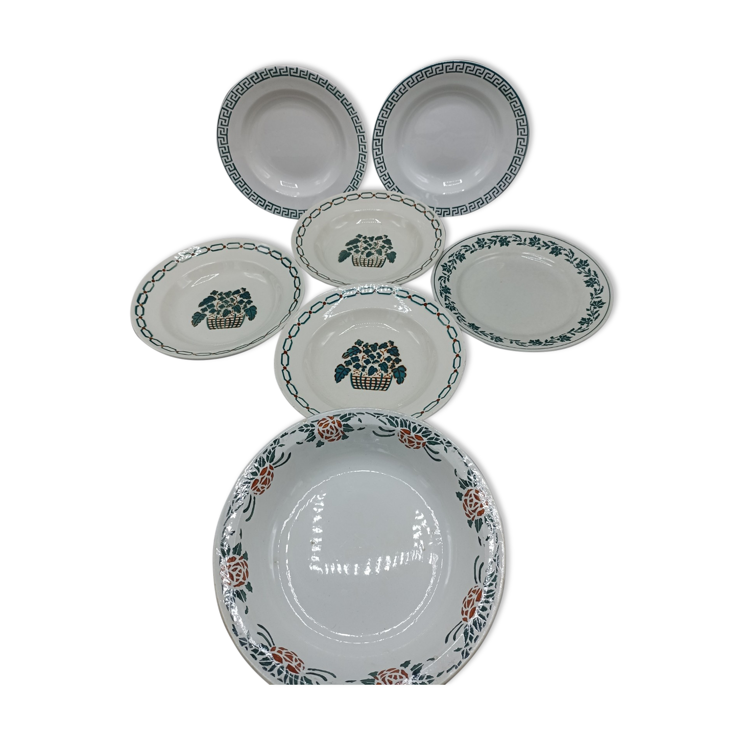 Mismatched set of old plates + dish - Green