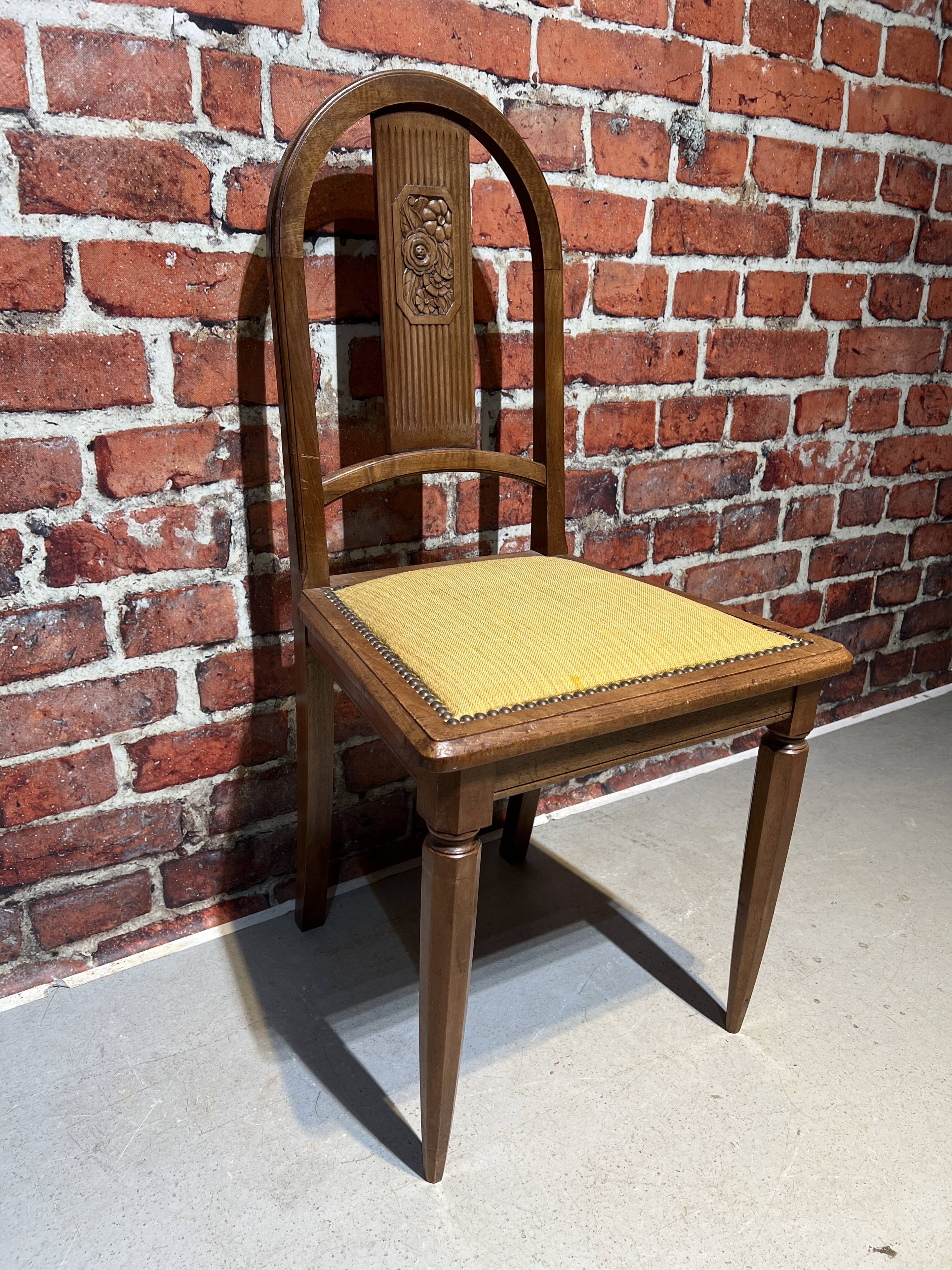 Set of a chair and an armchair in wood and yellow fabric