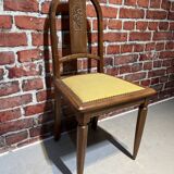 Set of a chair and an armchair in wood and yellow fabric