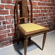 Set of a chair and an armchair in wood and yellow fabric