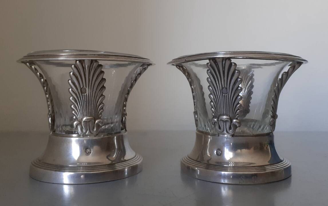 Pair of solid silver and crystal salt cellars