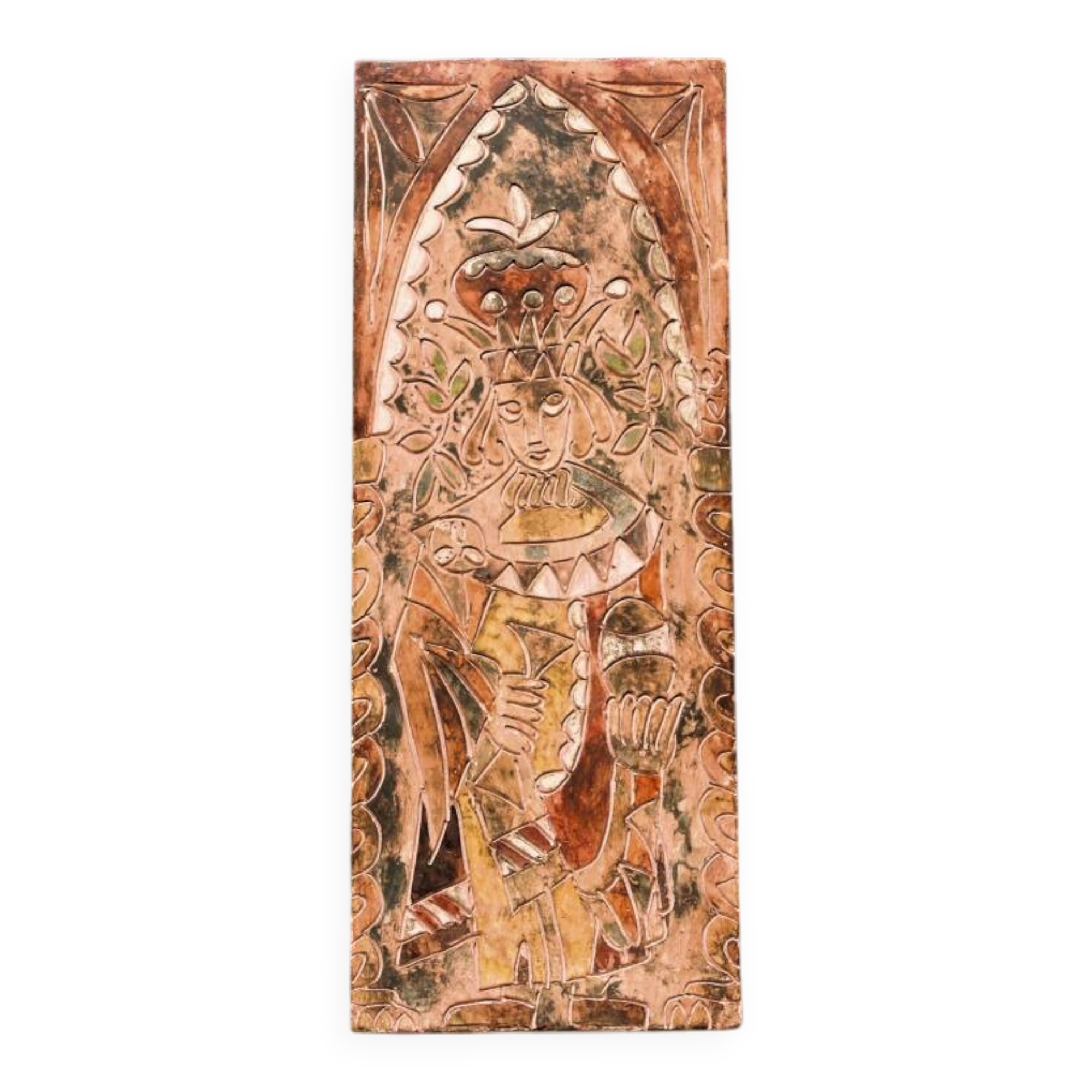 Bas-relief in terracotta, raw art, signed Christophe Jehan.