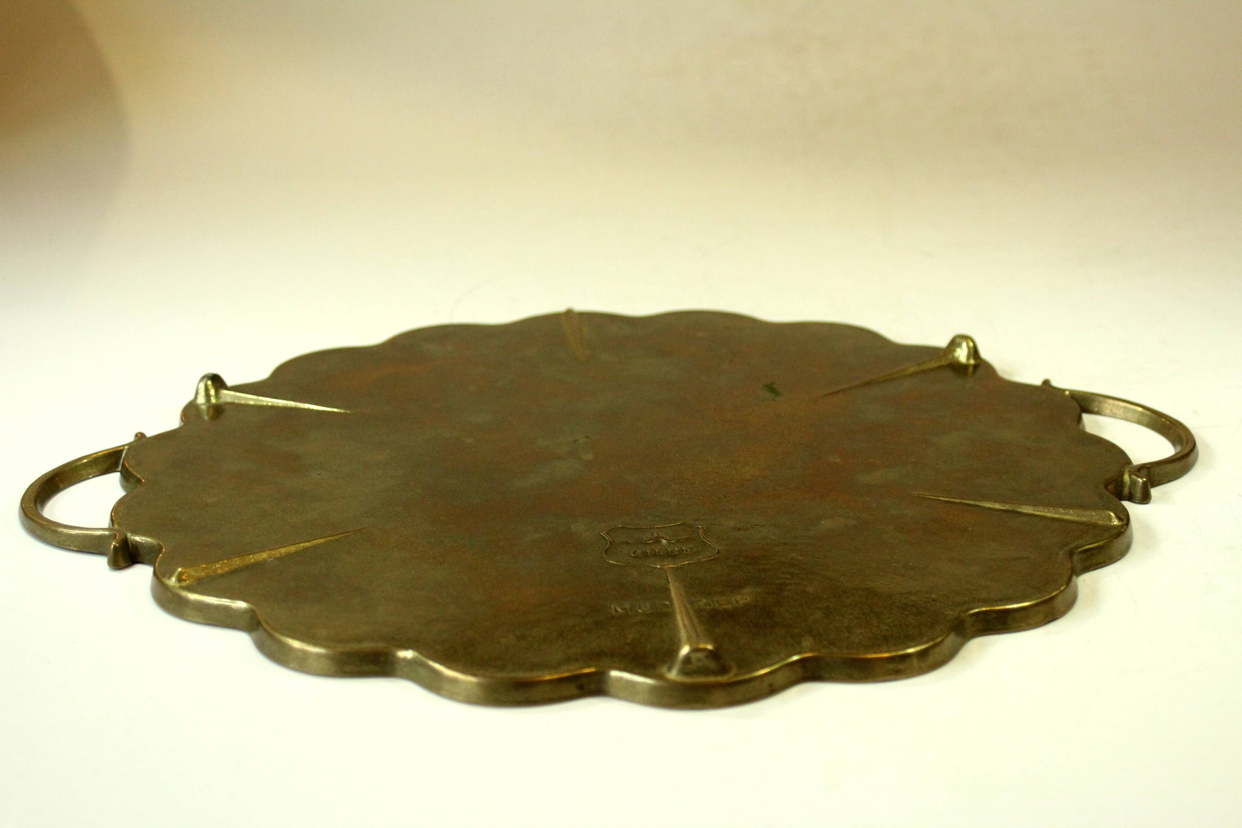 1950s handmade heavy brass serving tray, with handles and small feets, marked, vintage