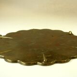1950s handmade heavy brass serving tray, with handles and small feets, marked, vintage