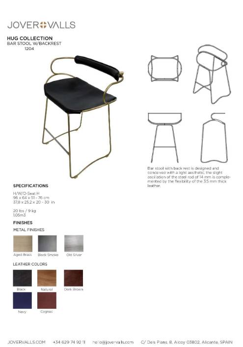 Kitchen bar stool with a smoked black metal back and dark brown leather.