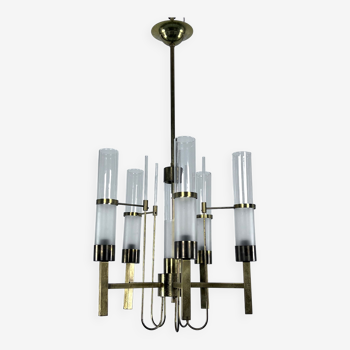Sciolari, five arms brass and glass tube chandelier. Italy 1960s