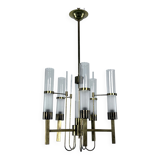Sciolari, five arms brass and glass tube chandelier. Italy 1960s