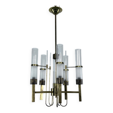 Lustre à cinq bras en laiton et tube de verre. Italie des années 1960, Sciolari