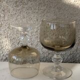 11 wine and water glasses in smoked grey glass and transparent base vintage 1970